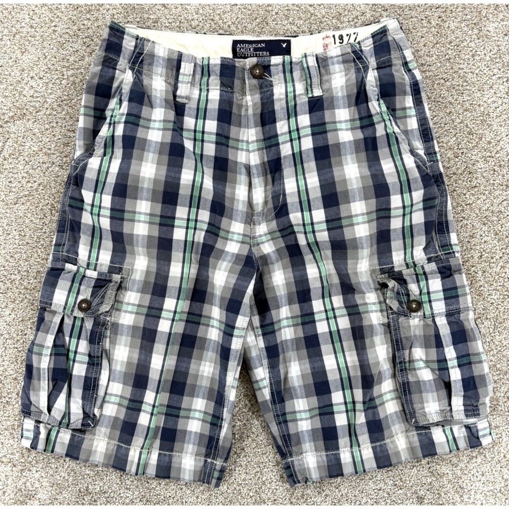 Vintage American Eagle 1977 Bermuda Cargo Shorts Men's‎ 32 / 12" Blue Plaid Y2K